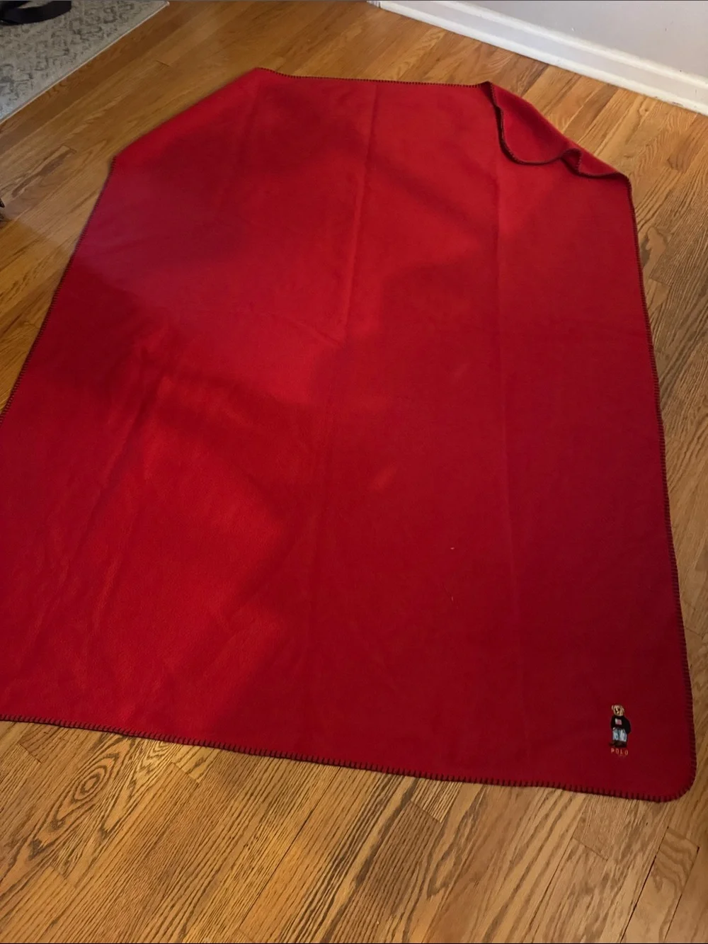 Vintage Polo Ralph Lauren Polo Bear Red Fleece Blanket Throw Black Stitching